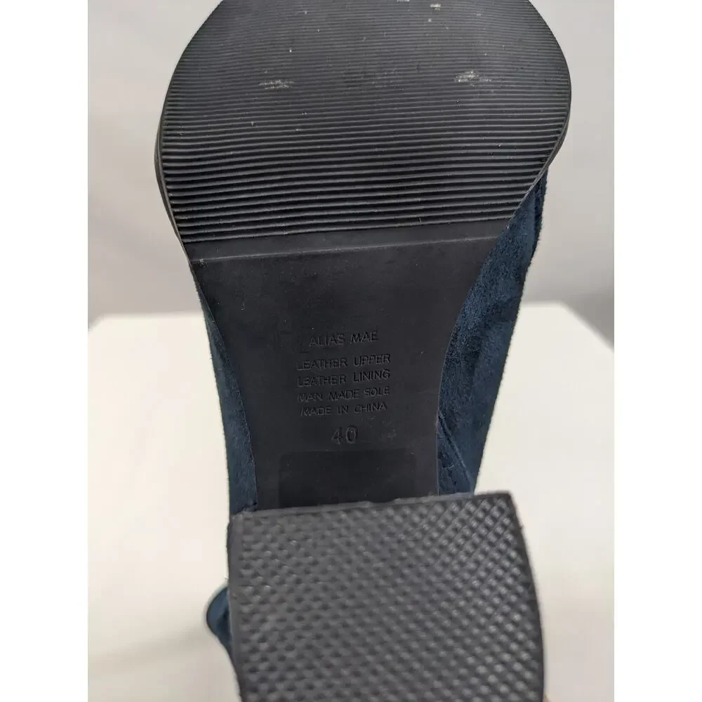 Alias Mae Revolve Booties Navy Blue Suede 9 40 Stretch Peep Toe Block Heel Zip